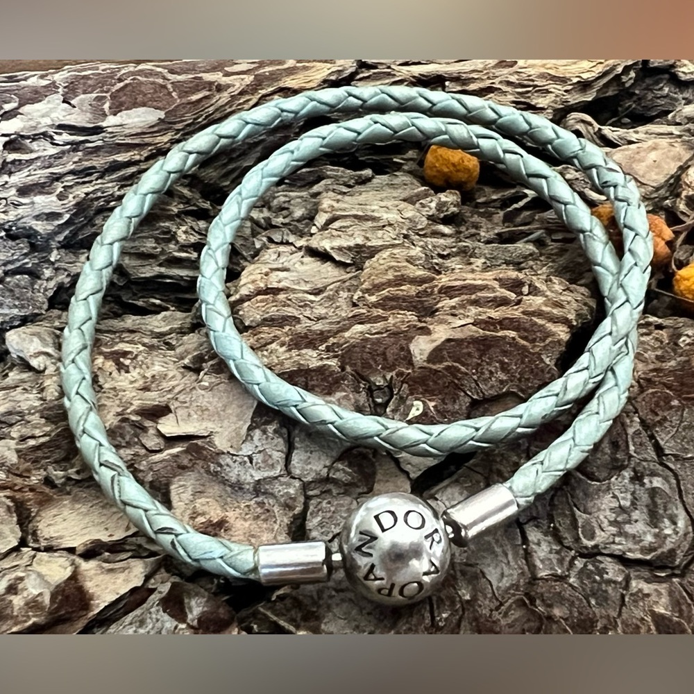 Authentic Pandora Light Blue Double Leather Bracelet Silver Round Pandora Clasp